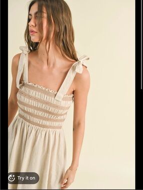 Smocked Tie-Shoulder Maxi Dress in Natural Beige